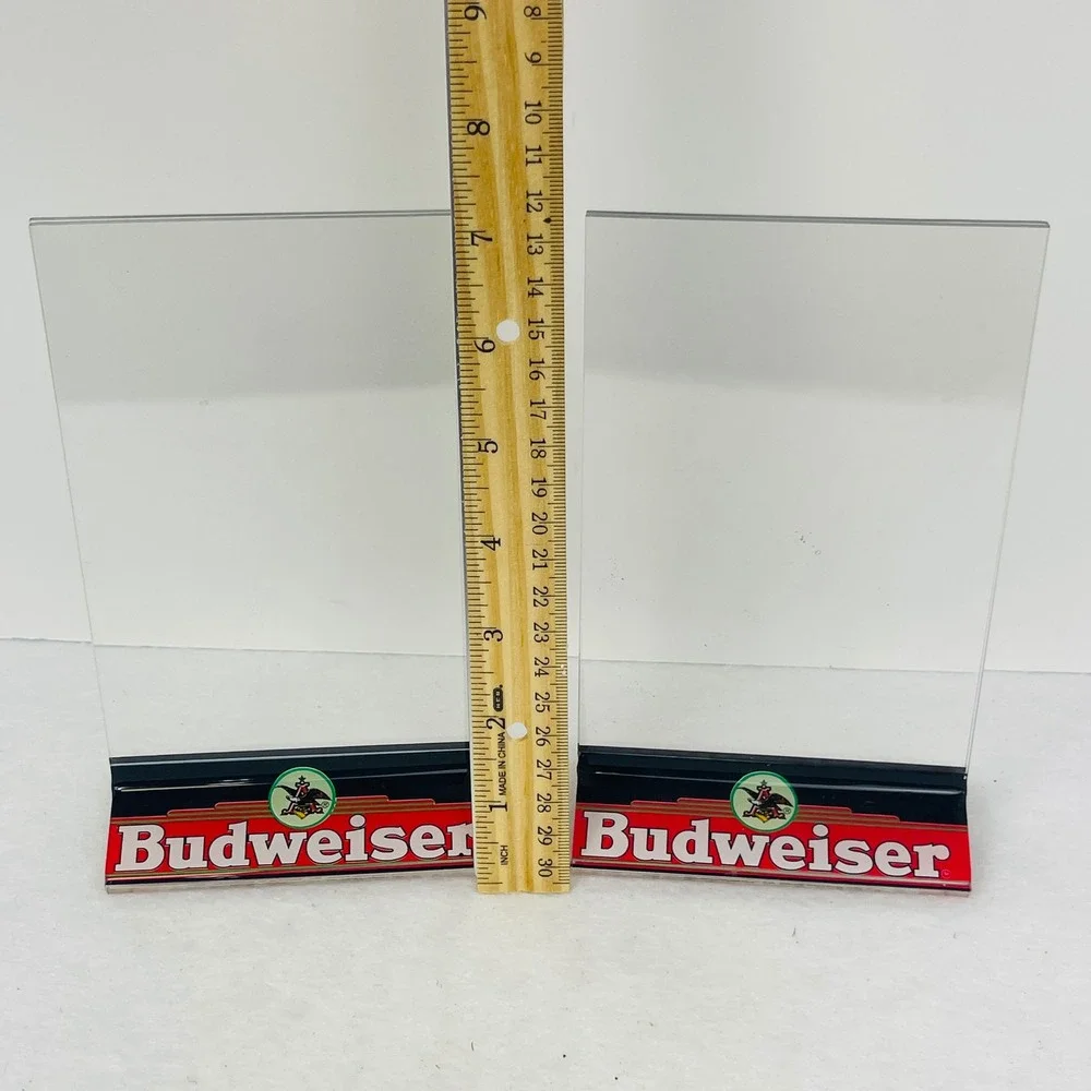 Vintage Budweiser Acrylic Table Tent Sign Holder Pair Clear Bar Menu Display 8in